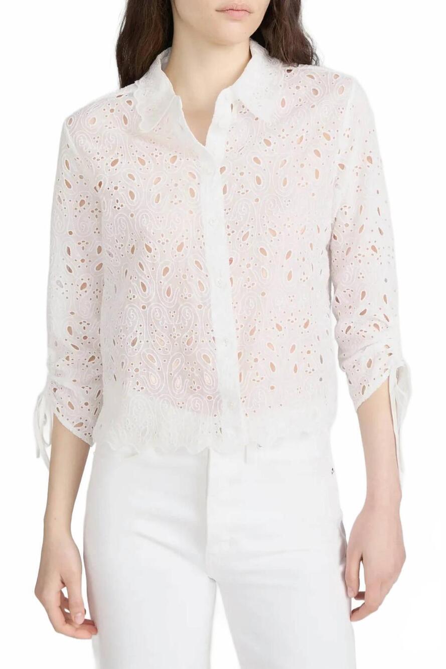 NEW FRAME paisley eyelet cinch sleeve shirt in white